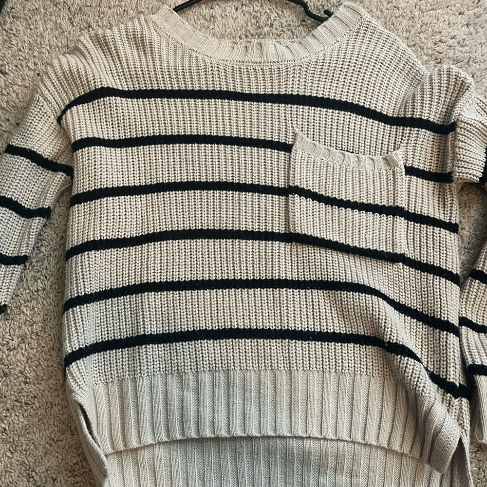 Pink Rose Cream and Black Crew Neck Sweater with Stripes